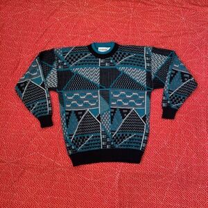 Vintage McGregor Geometric Knit Sweater Teal Black White Crewneck Large